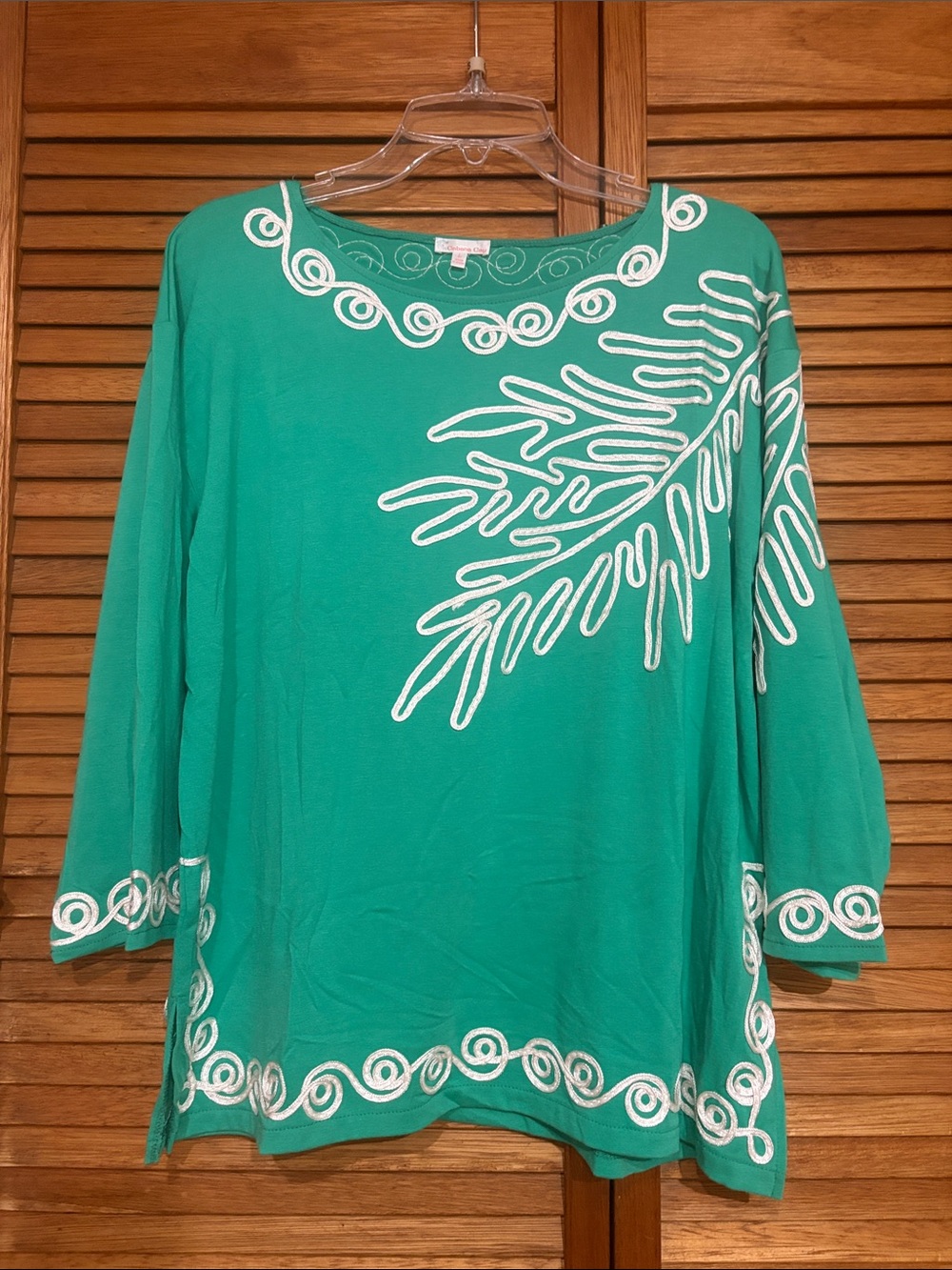 Green Embroidered Tunic Top with White Trim